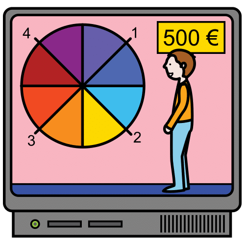 En la imagen se ve un televisor. En su pantalla aparece un hombre que tiene sobre la cabeza una placa con un cantidad de dinero escrita, 500 euros, y a su lado una ruleta de diferentes colores.